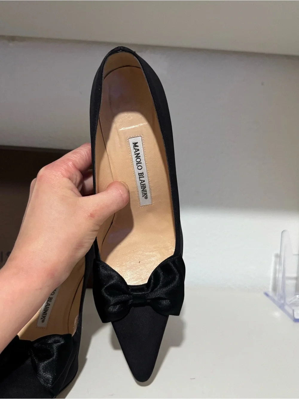 Manolo Blahnik Black Satin Bow Pointed Pumps